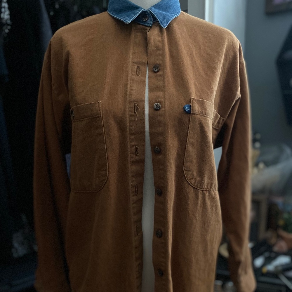 Panhandle Slim, Size Small, Brown Button Up with Blue Collar